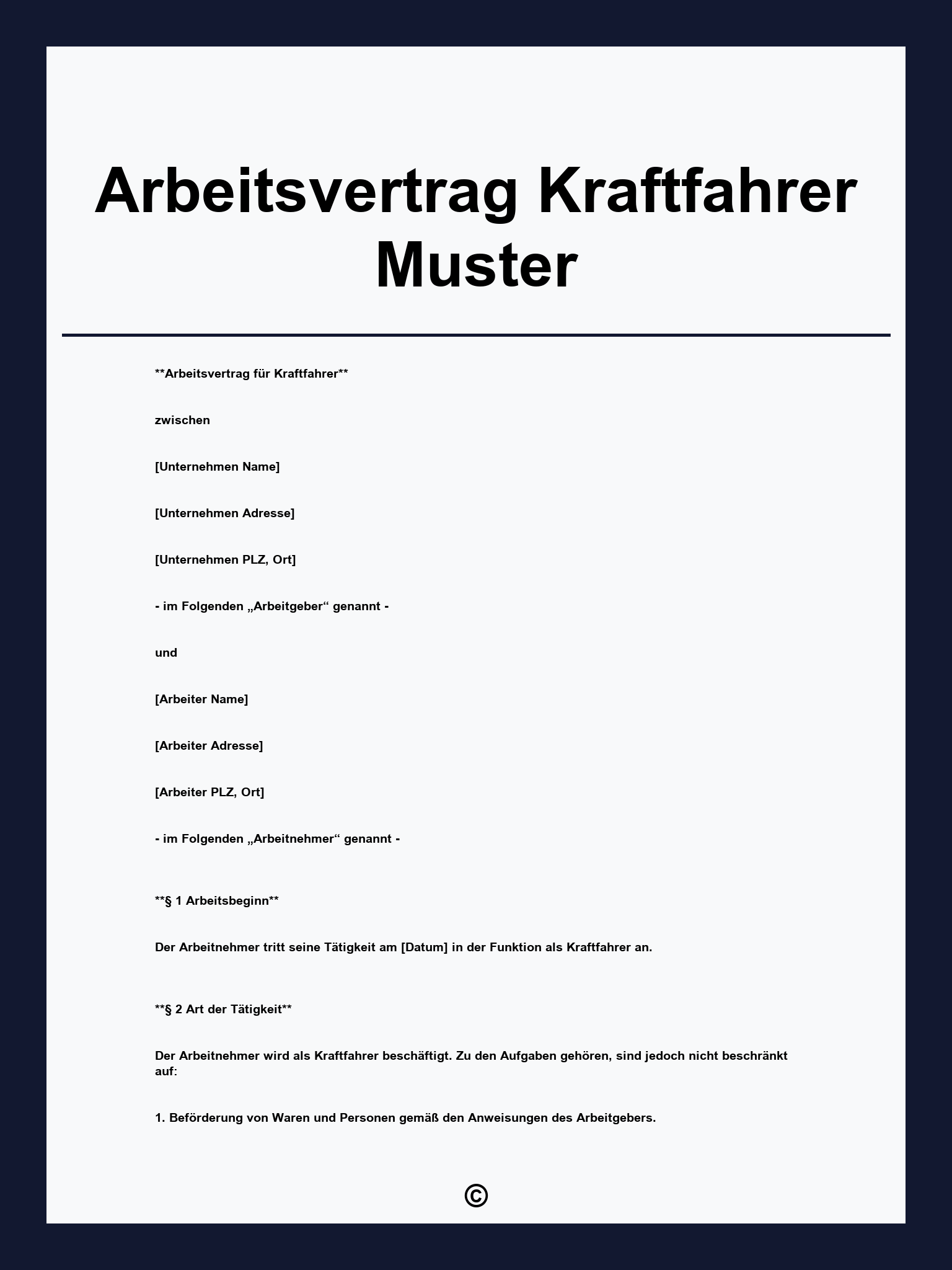 Arbeitsvertrag Kraftfahrer Muster