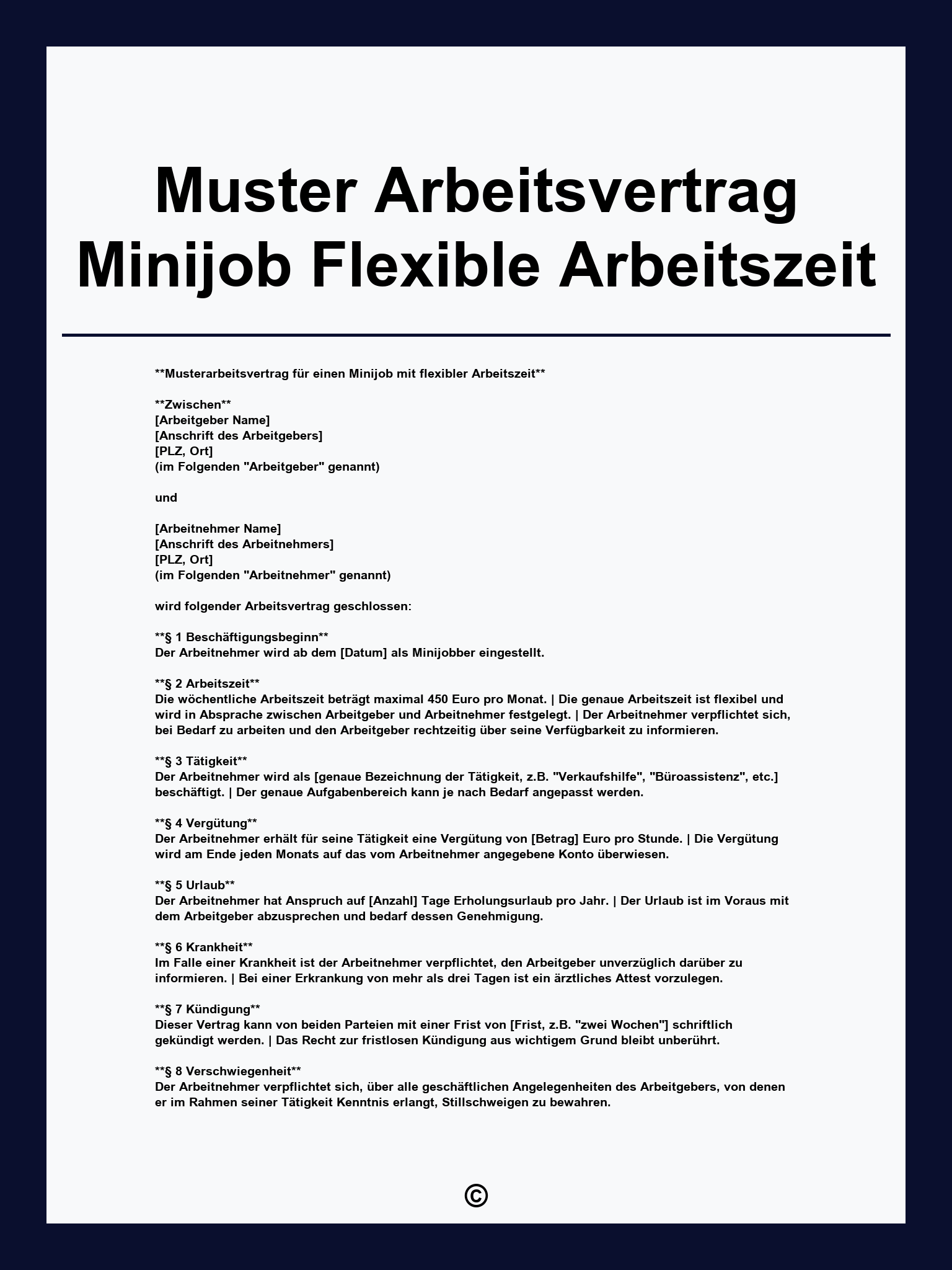 Muster Arbeitsvertrag Minijob Flexible Arbeitszeit