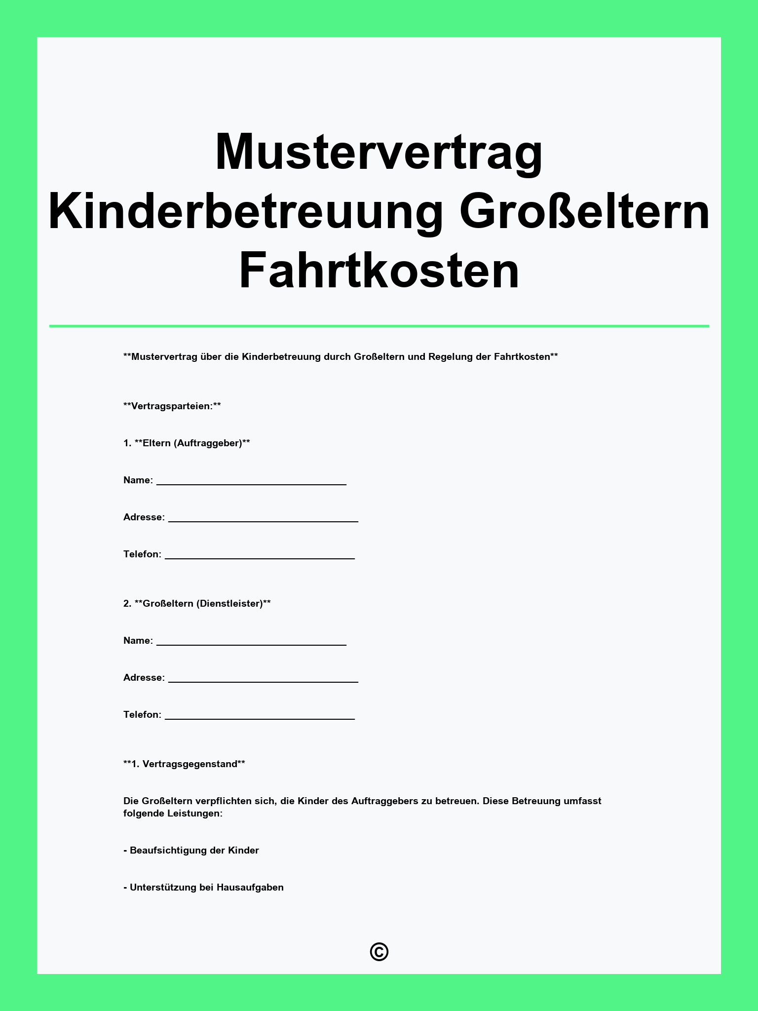 Mustervertrag Kinderbetreuung Großeltern Fahrtkosten