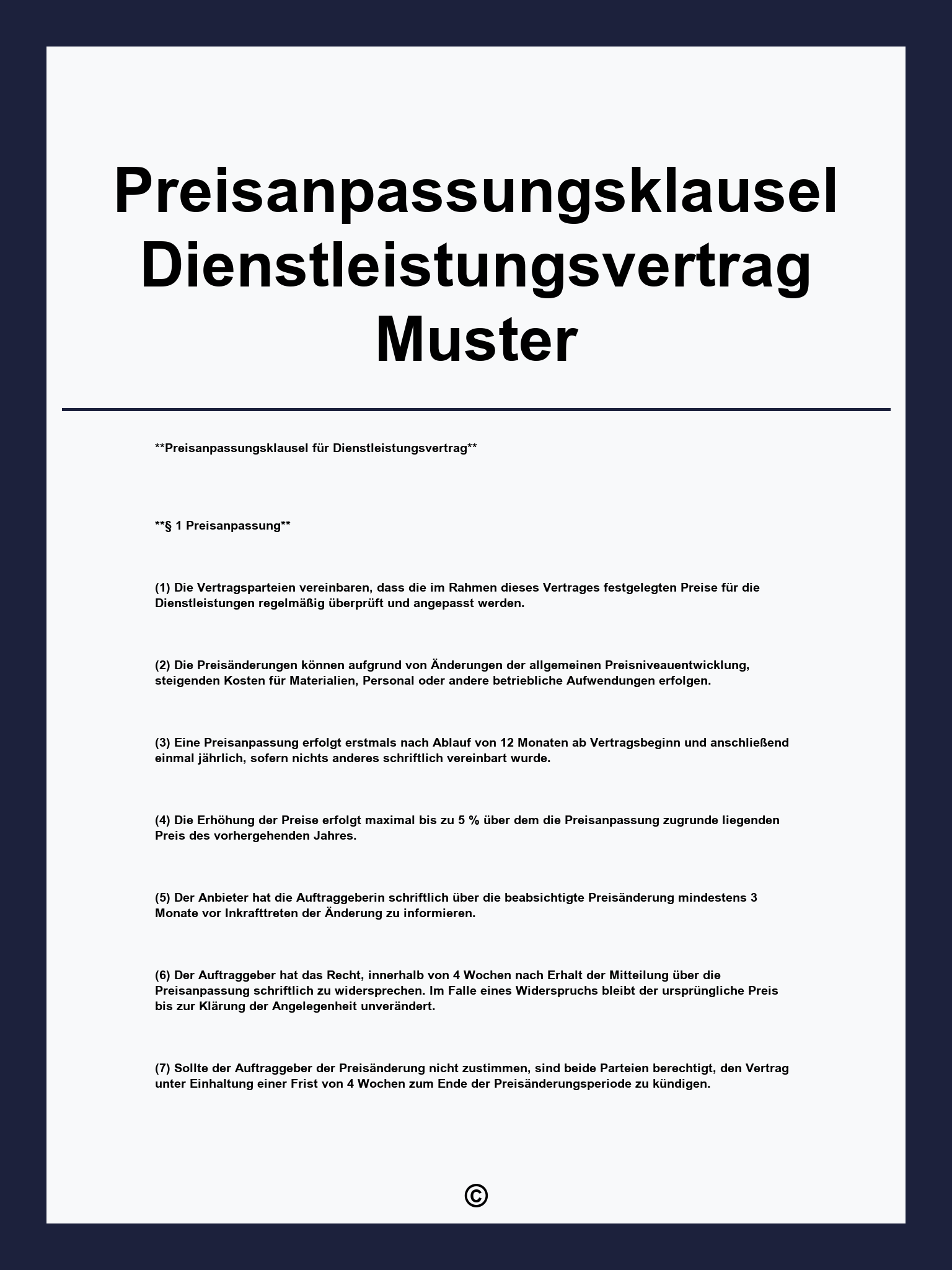 Preisanpassungsklausel Dienstleistungsvertrag Muster