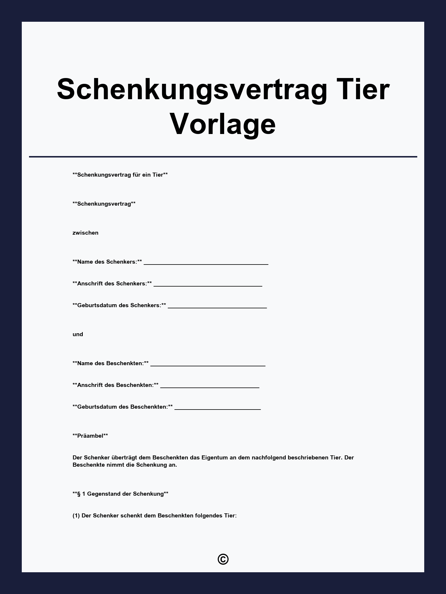 Schenkungsvertrag Tier Vorlage