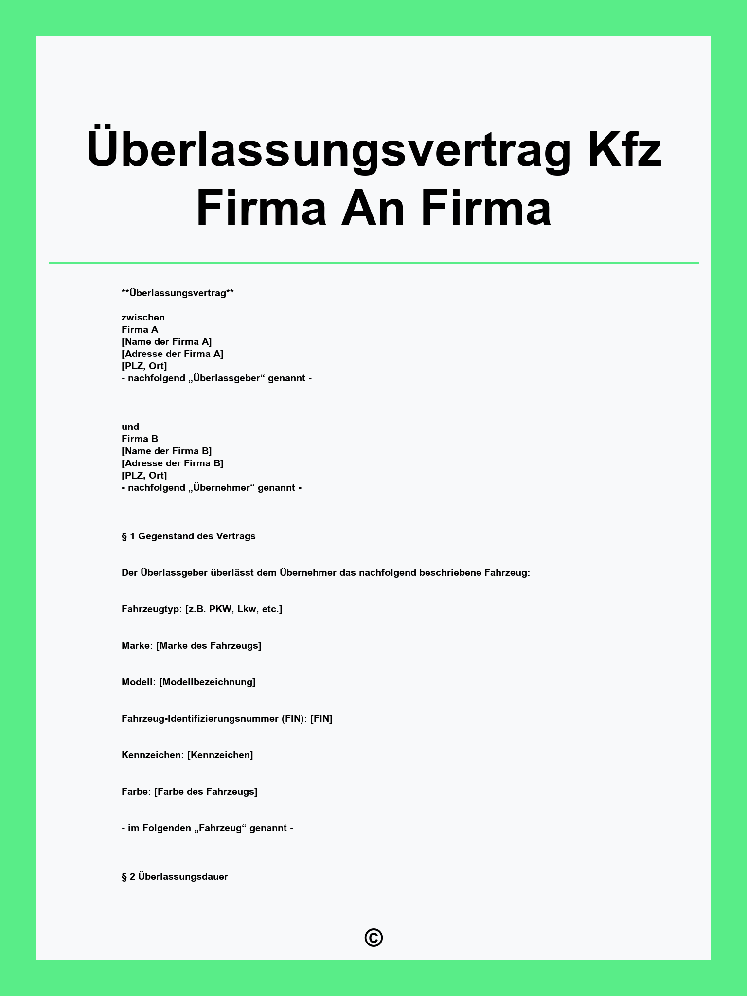 Überlassungsvertrag Kfz Firma An Firma
