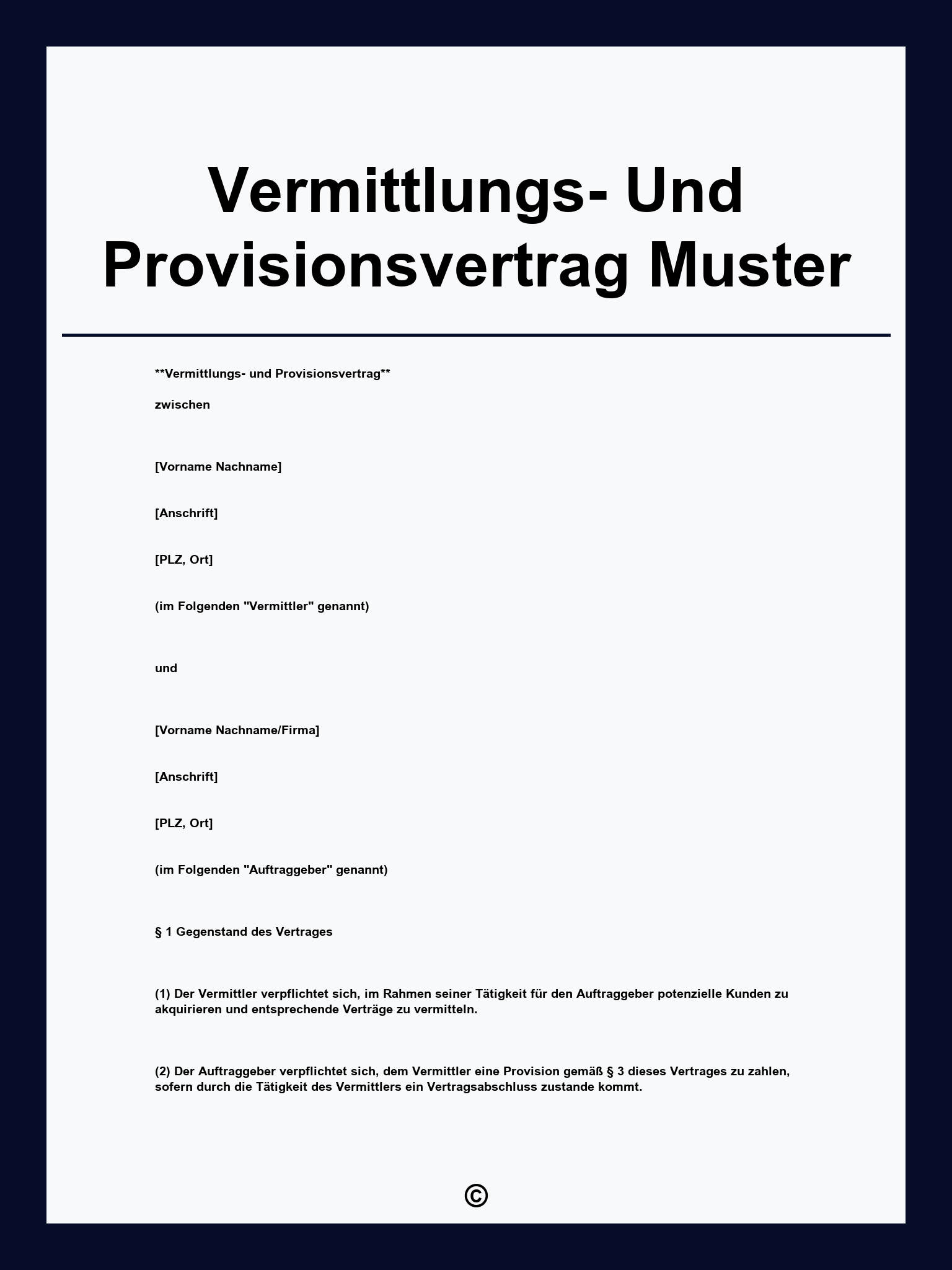 Vermittlungs- Und Provisionsvertrag Muster