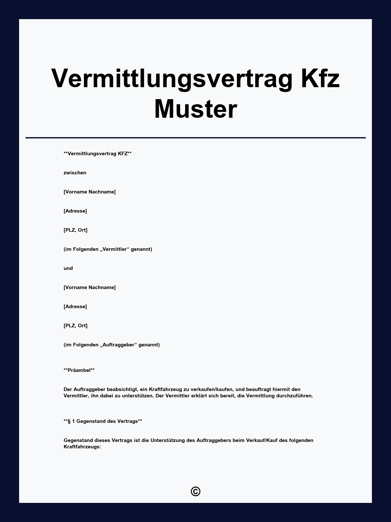 Vermittlungsvertrag Kfz Muster
