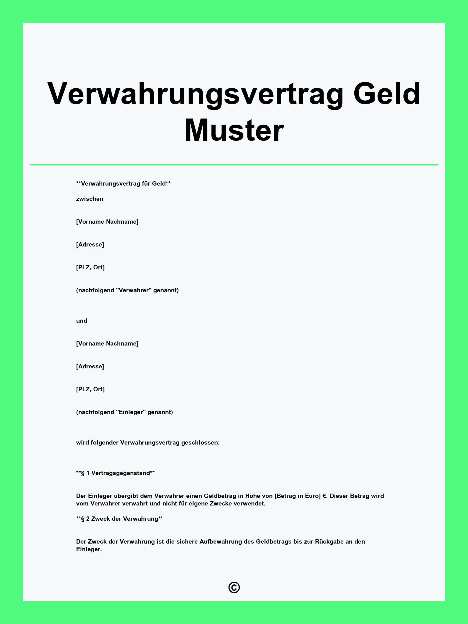 Verwahrungsvertrag Geld Muster