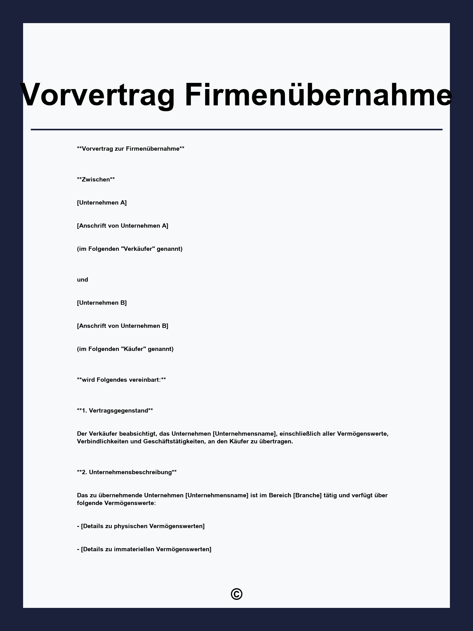 Vorvertrag Firmenübernahme